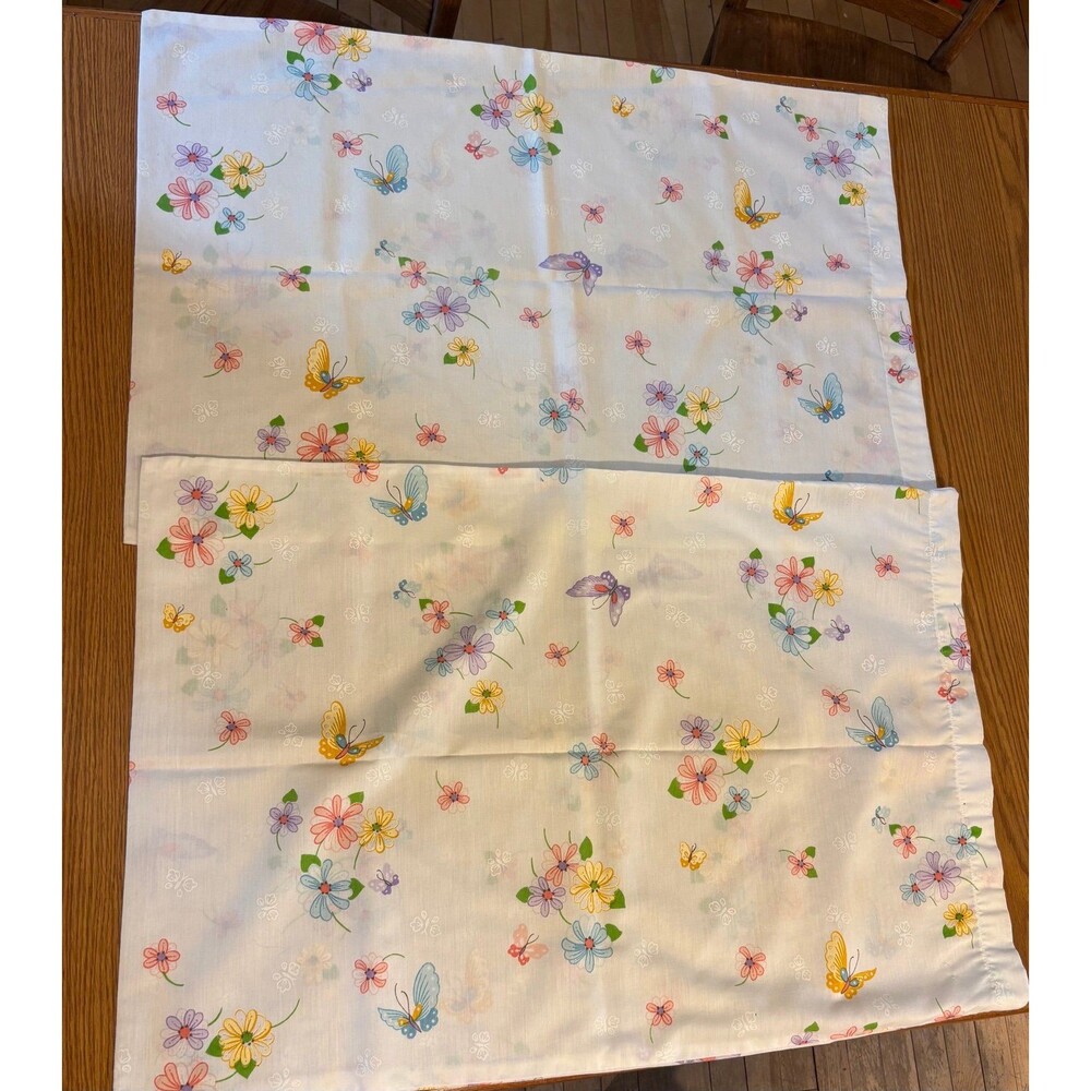 Homemade vintage white floral butterfly queen size pillowcase lot set of 2